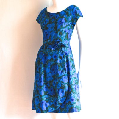 1950's Blue Cotton Summer Dress with a fabric floweer at tthe waist