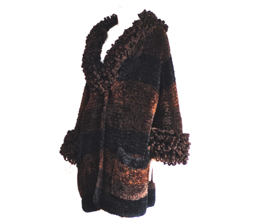 Christian Lacroix brown and black knit coat with looped trim and front pockets, made in France