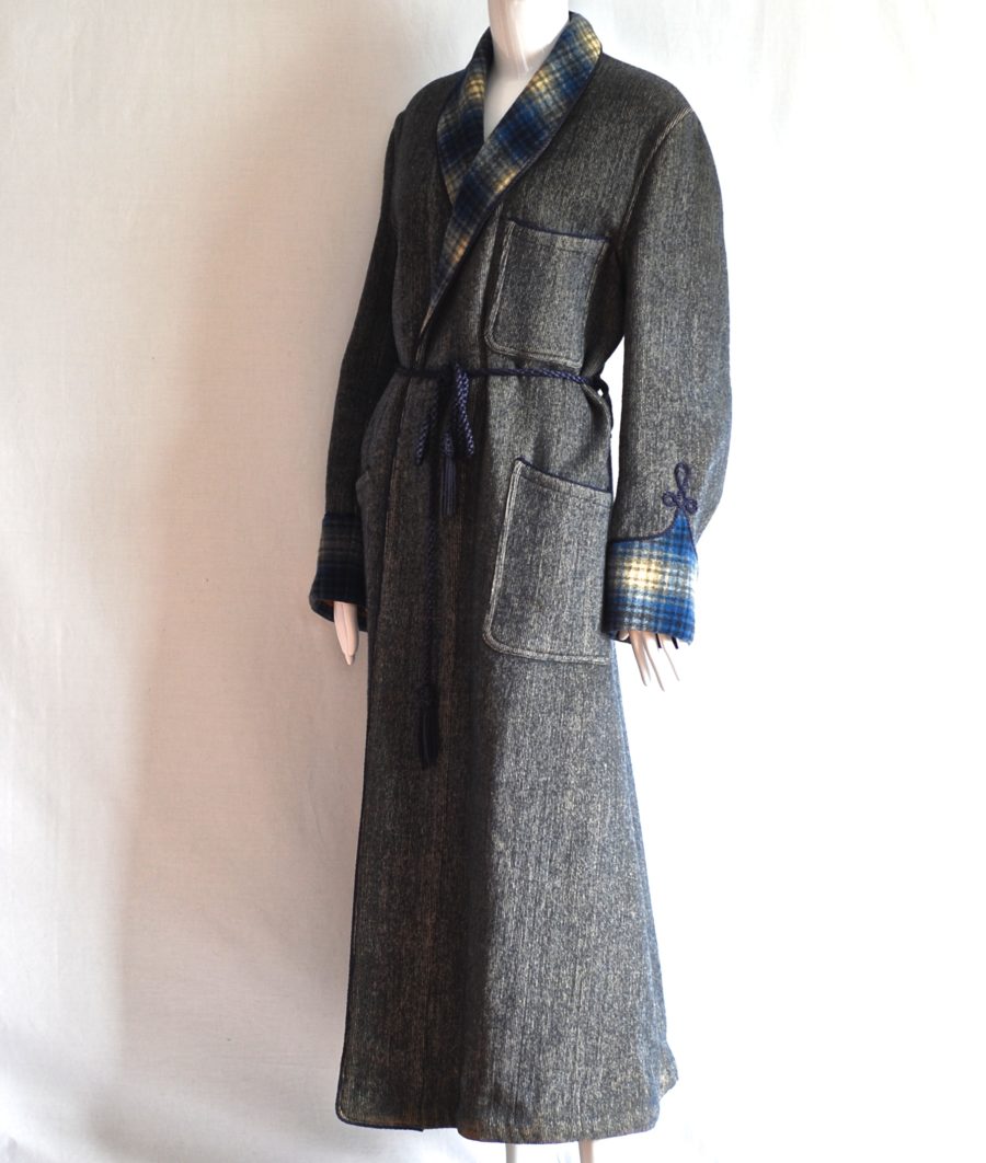 1940's blue and gray wool maxi coat with plaid trim