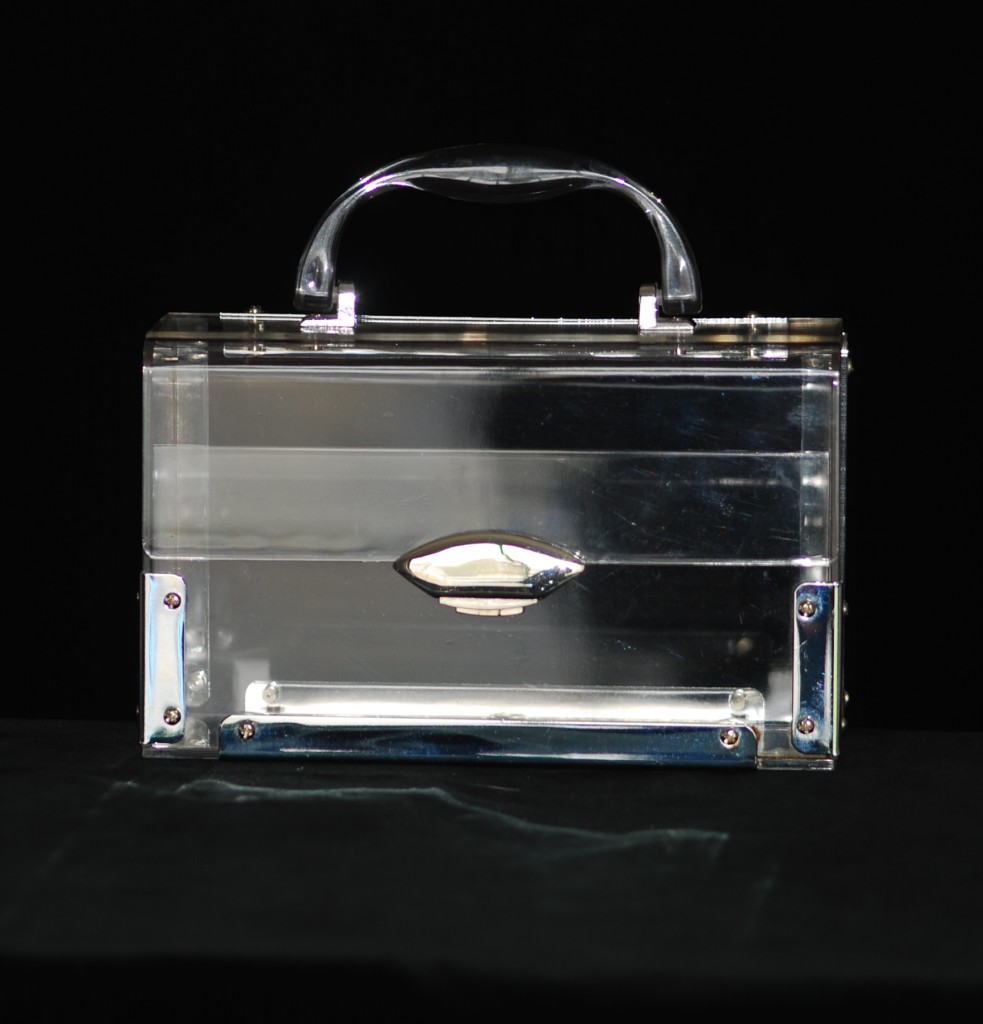 1950's clear transparent lucite box purse with silver tone hardware