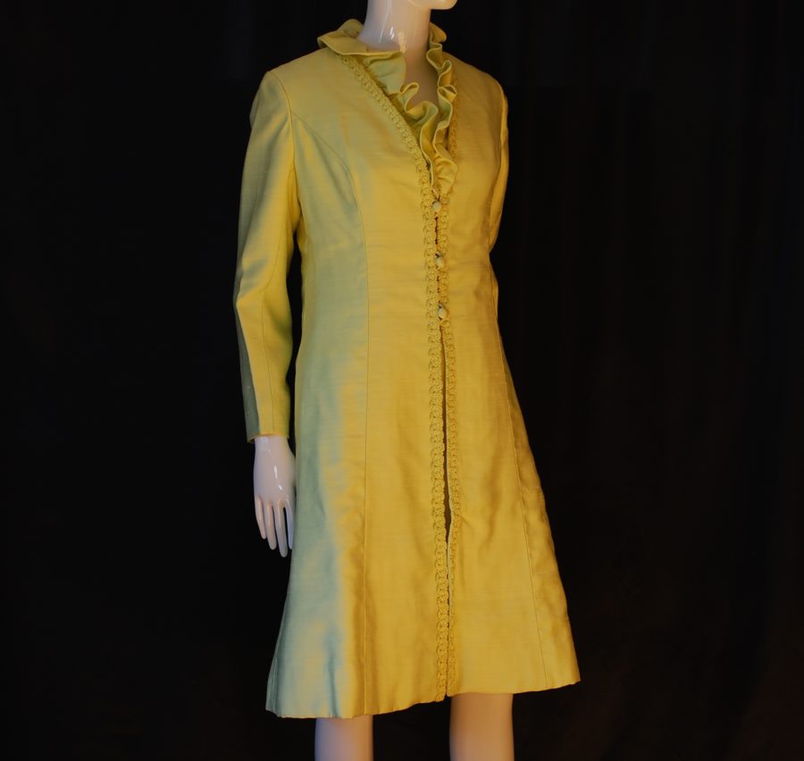 Madame Runge light green silk satin dress and coat set, 1960s, made in Canada