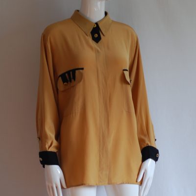 Louis Feraud gold long sleeve gold blouse with black trim