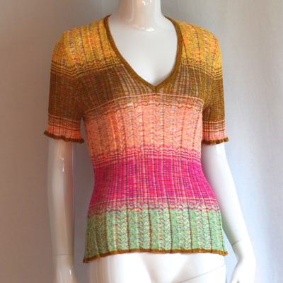 Knit top with rows of colour and gold trim, made in Italy