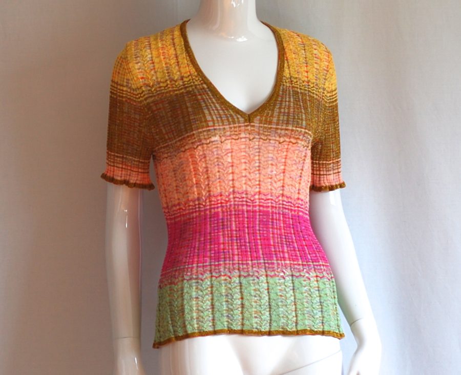 Knit top with rows of colour and gold trim, made in Italy
