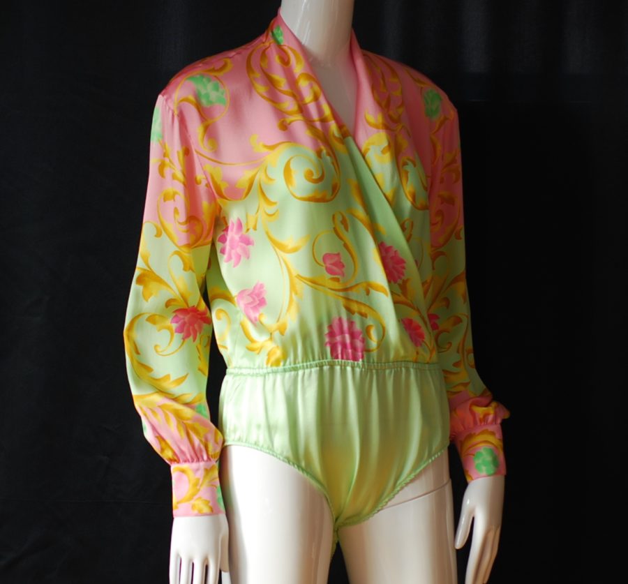 Escada spring silk body suit blouse in pink and pastel green, made in Germany