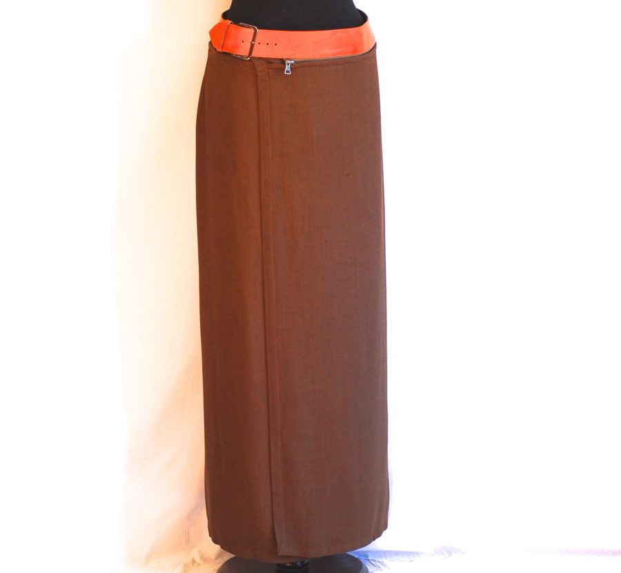 Jean Paul Gaultier vintage brown wrap skirt with attached leather belt, made in Italy