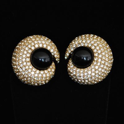 Ciner Dramatic Mid Century Ear Clips with black centers surrounded by pave crystals