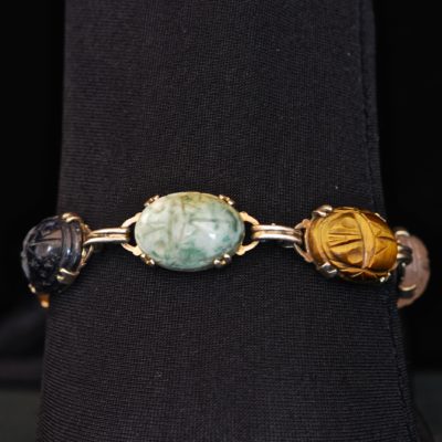 Sterling Silver Bracelet with six carved colored scarabs