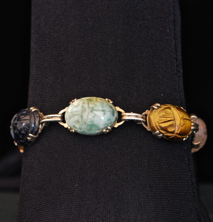 Sterling Silver Bracelet with six carved colored scarabs