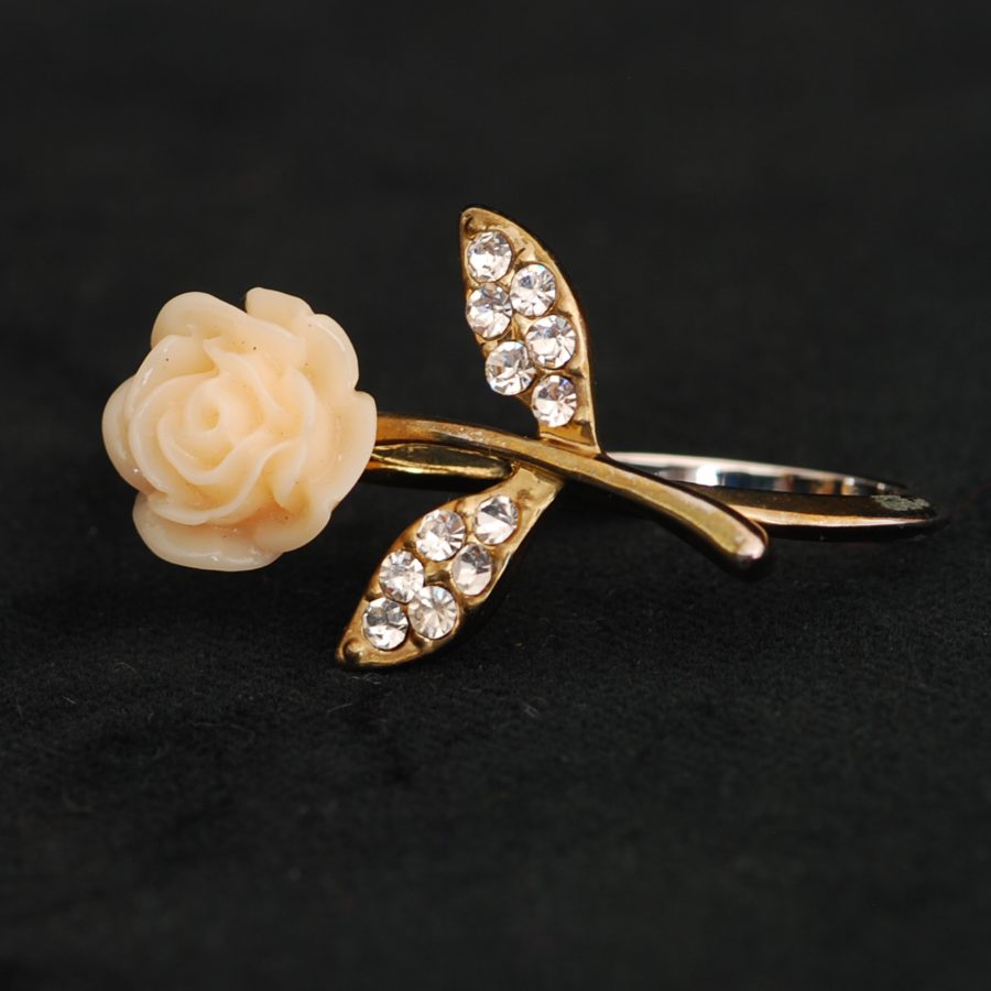 Two Finger Ring With Stemmed Rose & Leaves