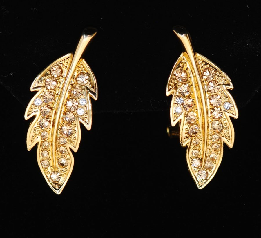 Gold tone leaf earrings with pave crystals product J193