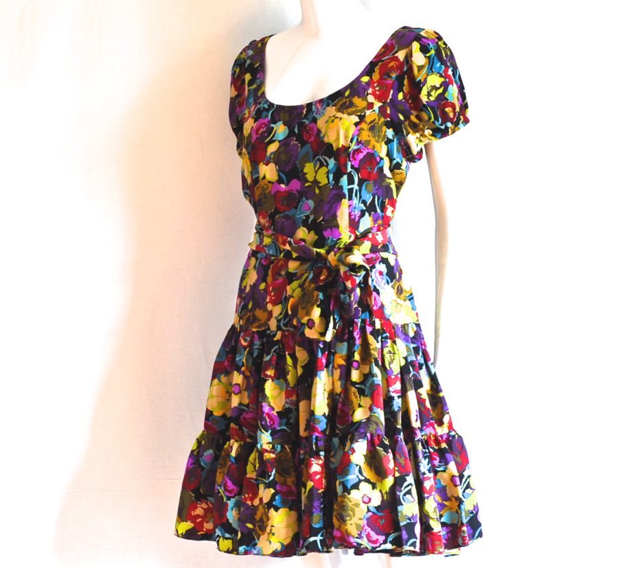 Betsey Johnson flared floral silk dress, made in USA