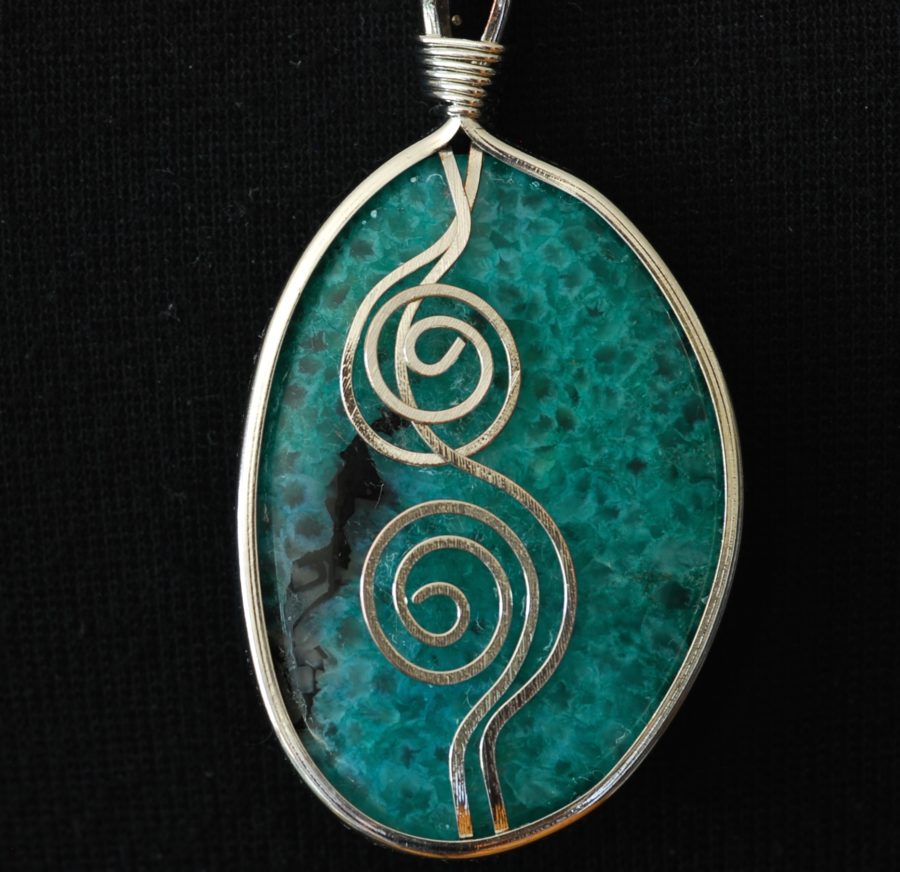 Chrysocolla large wire sculpted pendant