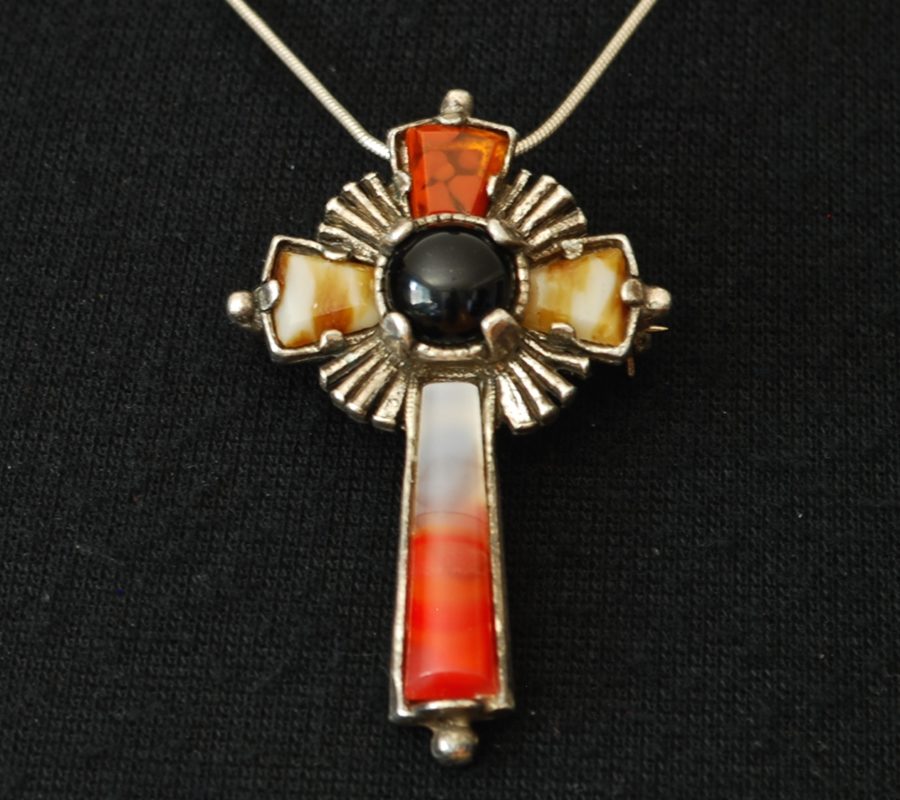 Cross Pendant/pin With onyx and other gemstones - signed