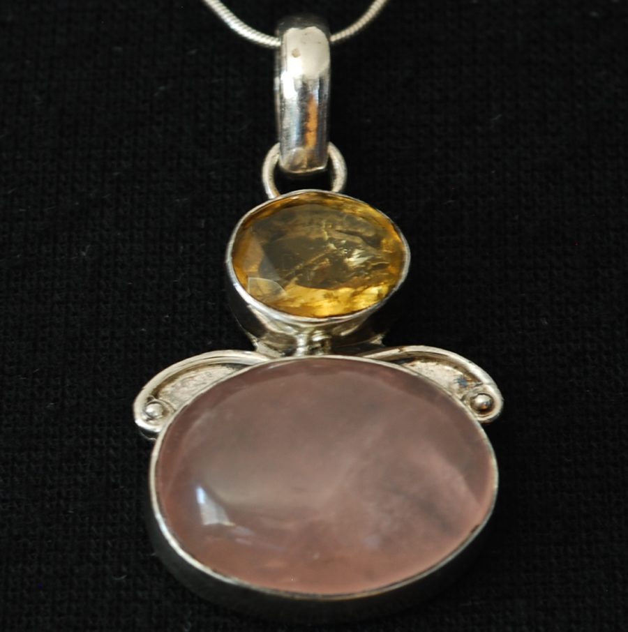 Large rose quartz and citrine angel pendant hallmarked 925