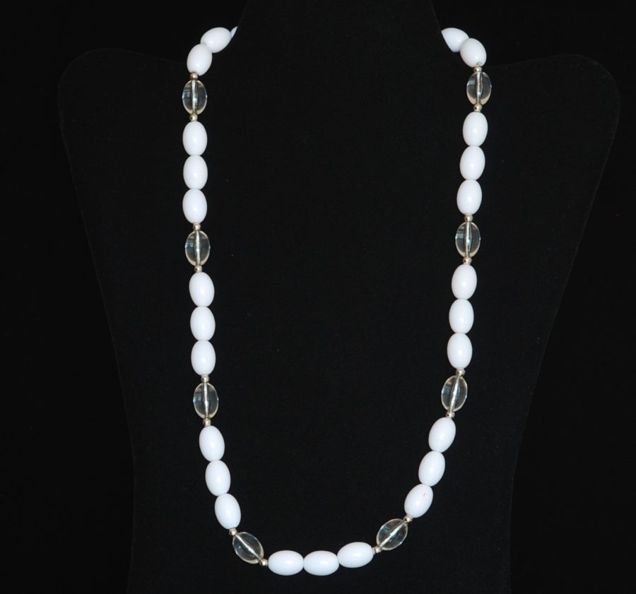 Trifari single strand lucite necklace with white and clear beads, signed