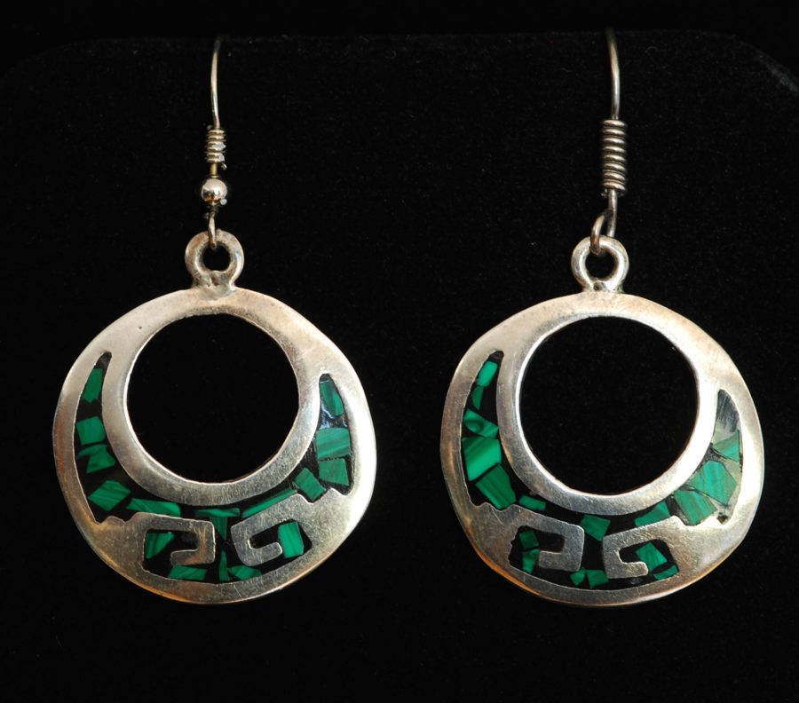 Taxco sterling silver round earrings with a design that is inlaid with onyx and malachite