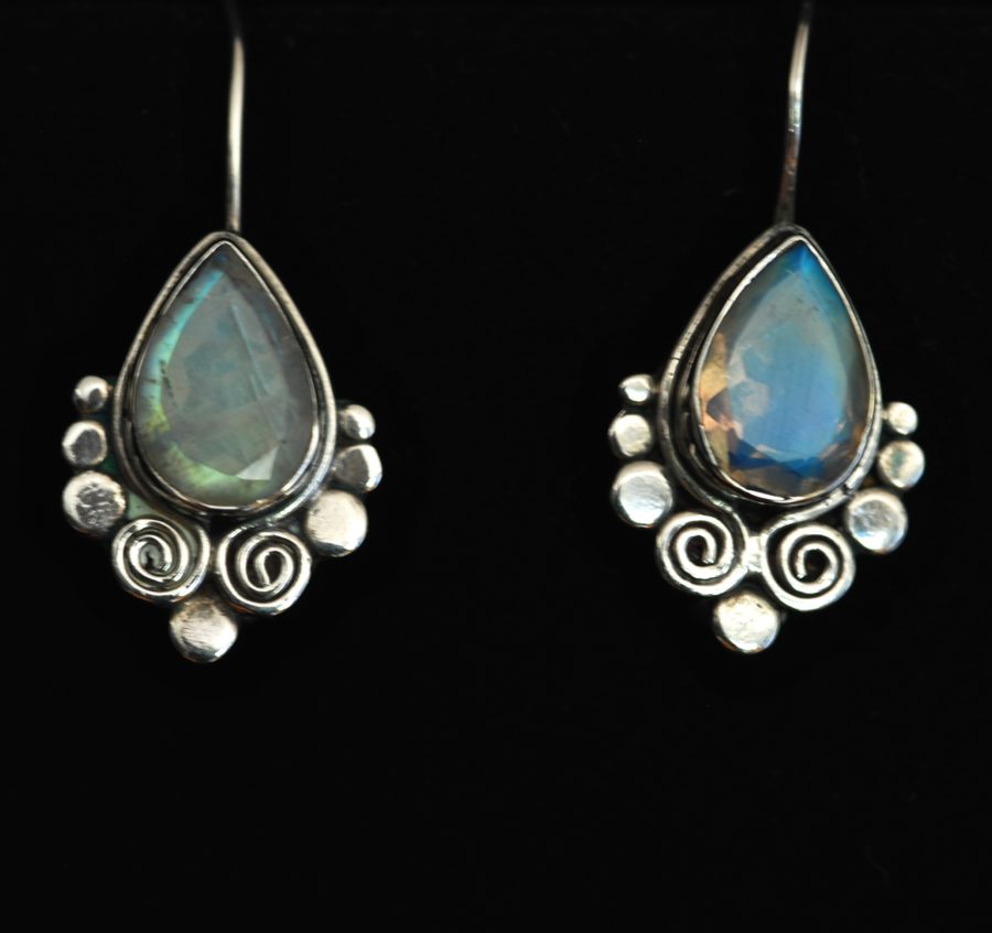 Teardrop shaped quartz earrings in an ornate sterling silver setting