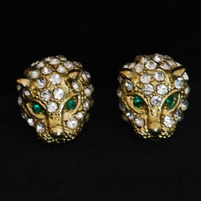 Leopard Head & Pave Crystal Earrings - Unsigned