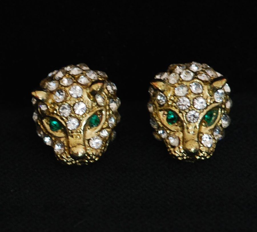 Leopard Head & Pave Crystal Earrings - Unsigned