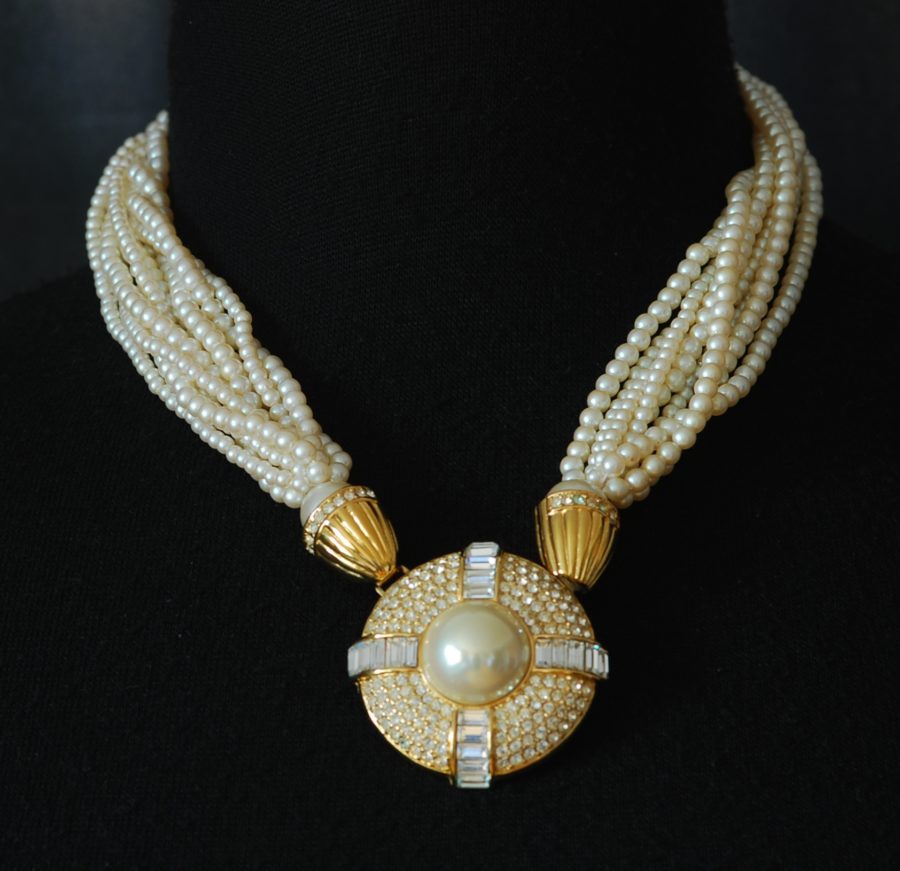 Oscar de la Renta vintage faux pearl and crystal statement necklace - signed