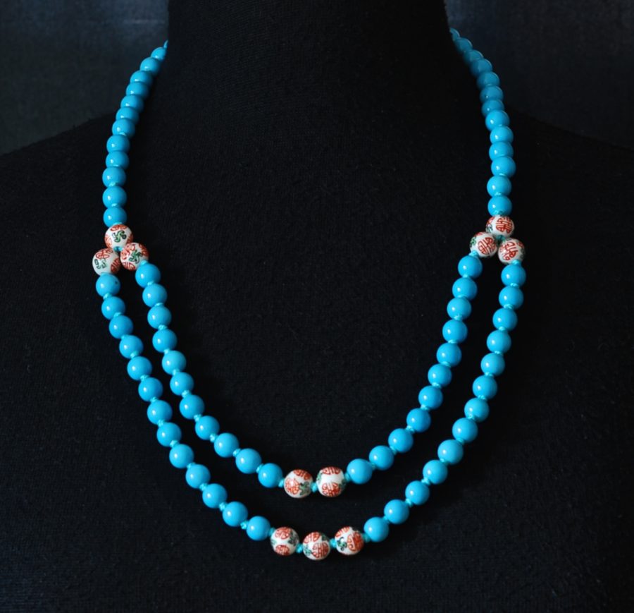 Sky Blue & hand painted Asian necklace with an extra loop