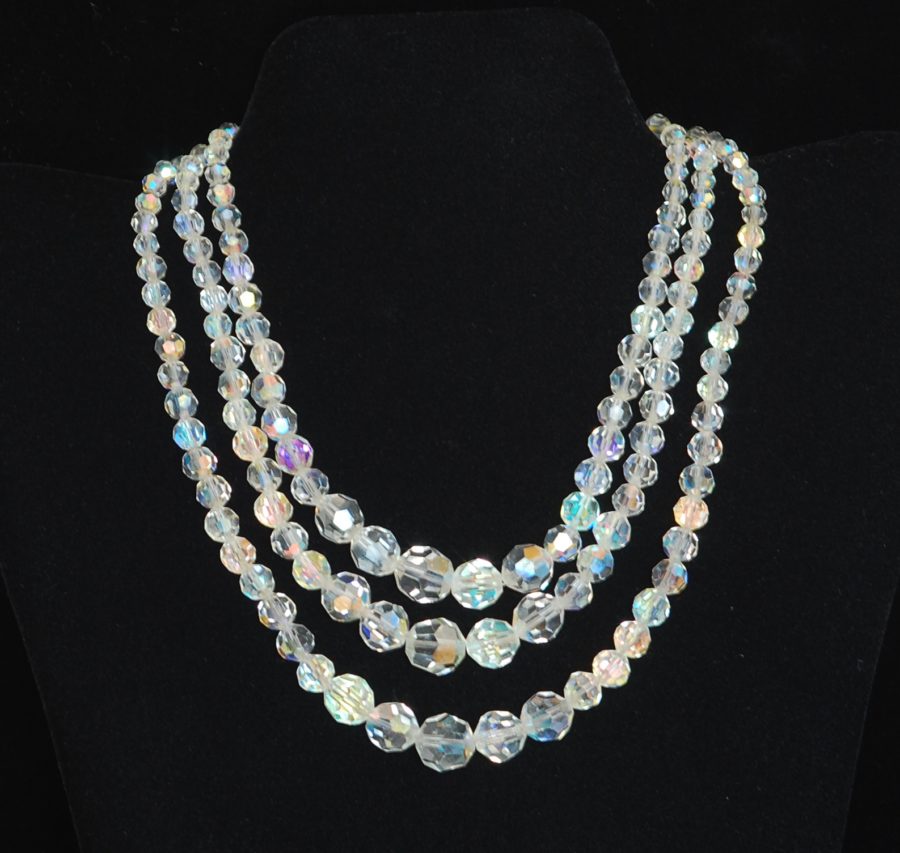 1950’s Faceted Crystal Three Strand Necklace With Briolette Crystal On ...