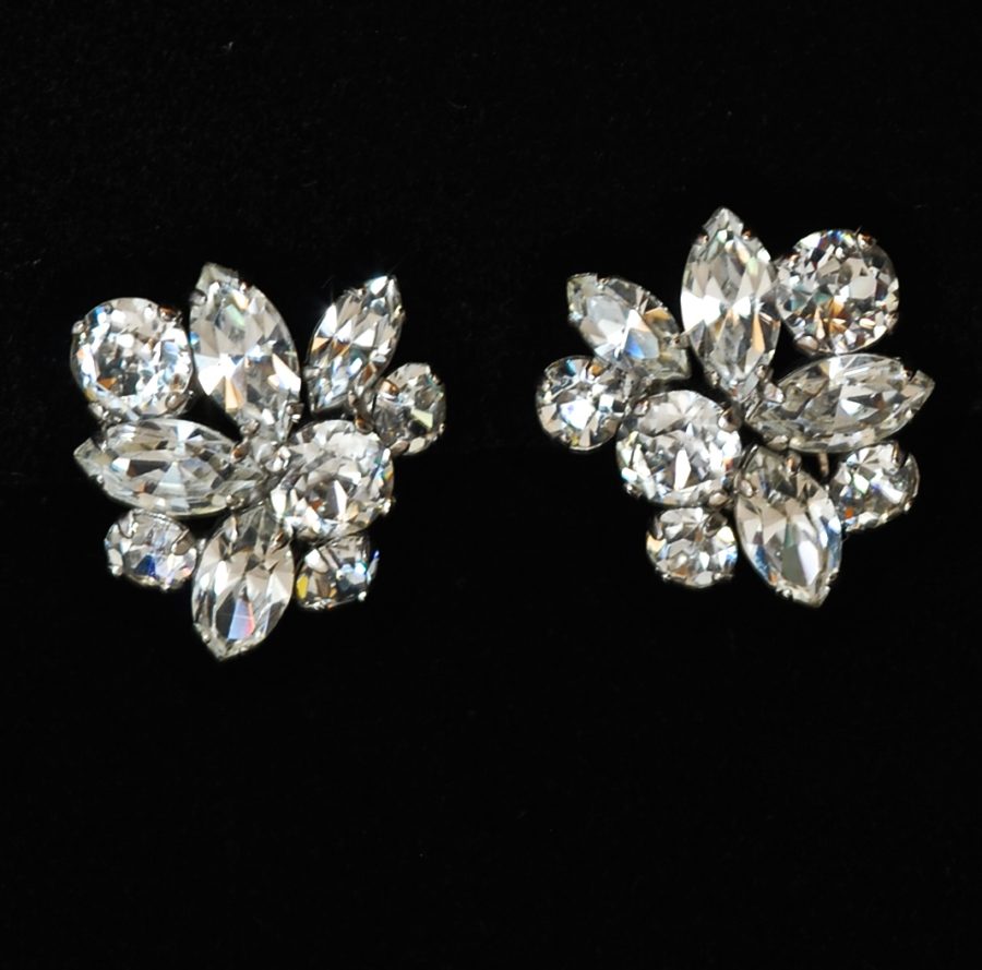 Gustave Sherman mid-century clear rhinestone ear clips, signed.