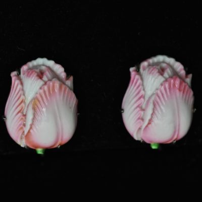 1940's pink china and sterling silver flower earrings