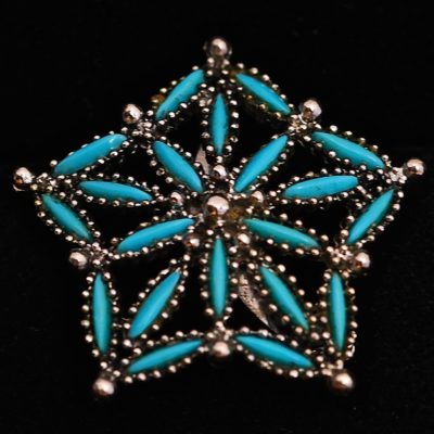 Turquoise & Silver Metal Art Pin - Unsigned