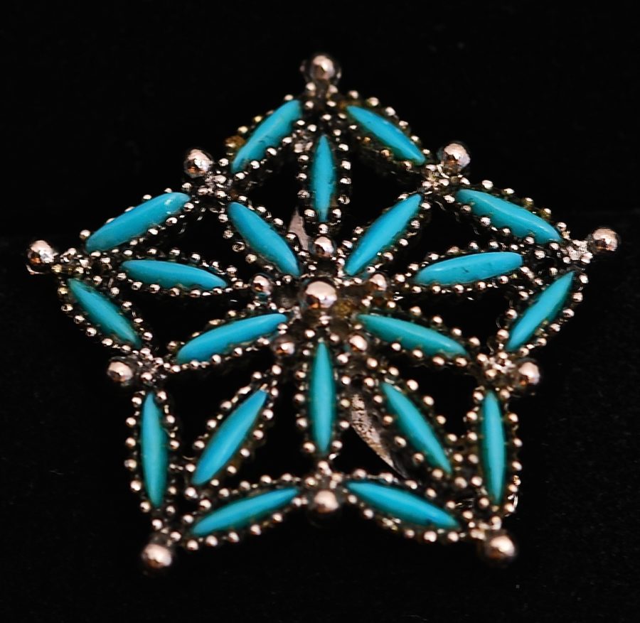 Turquoise & Silver Metal Art Pin - Unsigned