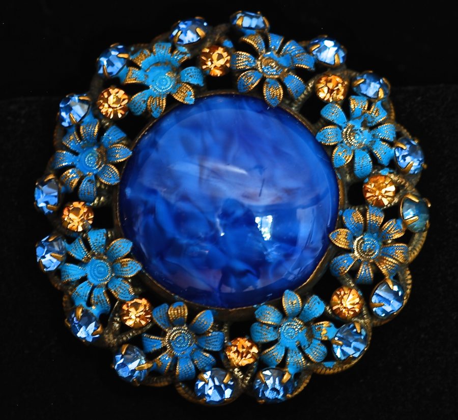 Blue Glass & Pot Metal Pin With Rhinestones