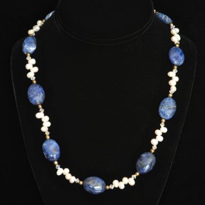 Necklace Featuring Large Blue Sodalite Gemstones & Baroque Pearls With Crystal Spacers