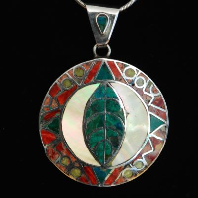 950 Sterling Silver Pendant With Inlaid Gemstones