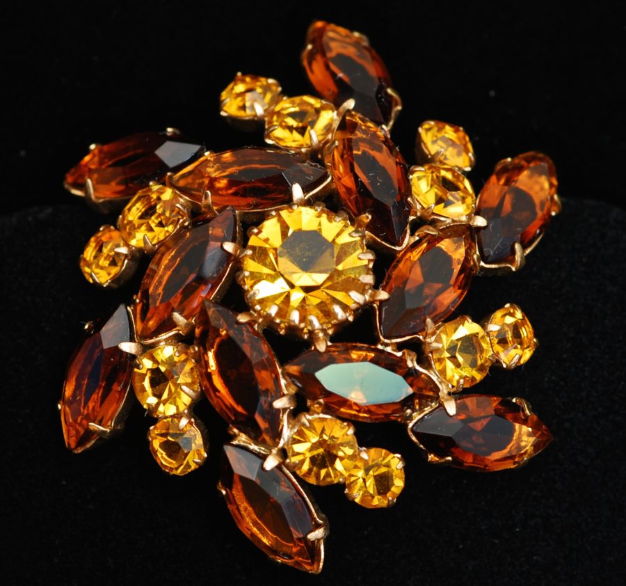Vintage Rhinestone Pin In Amber Tones