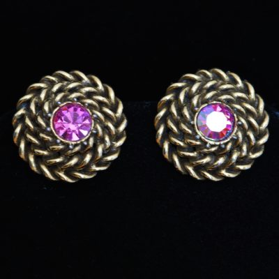 Coro early fifties weaved gold metal ear clips with pink rhinestone centres