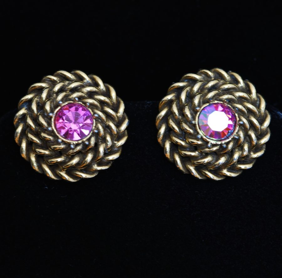Coro early fifties weaved gold metal ear clips with pink rhinestone centres