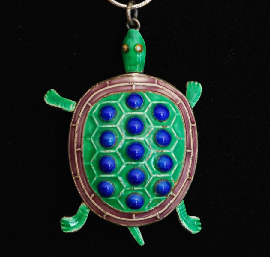 Guilloche green and blue turtle pendant with moveable parts, on sterling silver