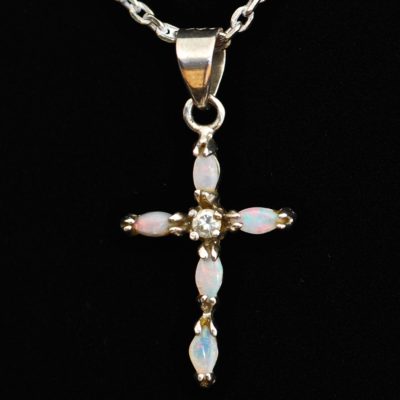 Miniature Opal & Sterling Silver Cross Necklace - 925