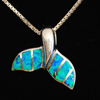 Sterling Silver Whale's Tail Pendant With Inlaid Opal Gemstone & Chain - 925