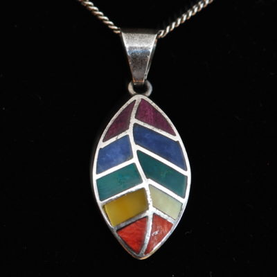 Sterling Silver 950 Leaf Pendant With Inlaid Gemstones - 950