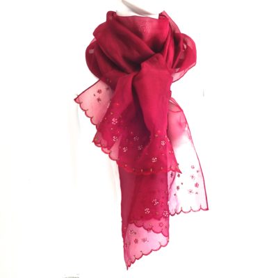 French Rose Organza Silk Scarf Accented With Tiny Beaded Flowers