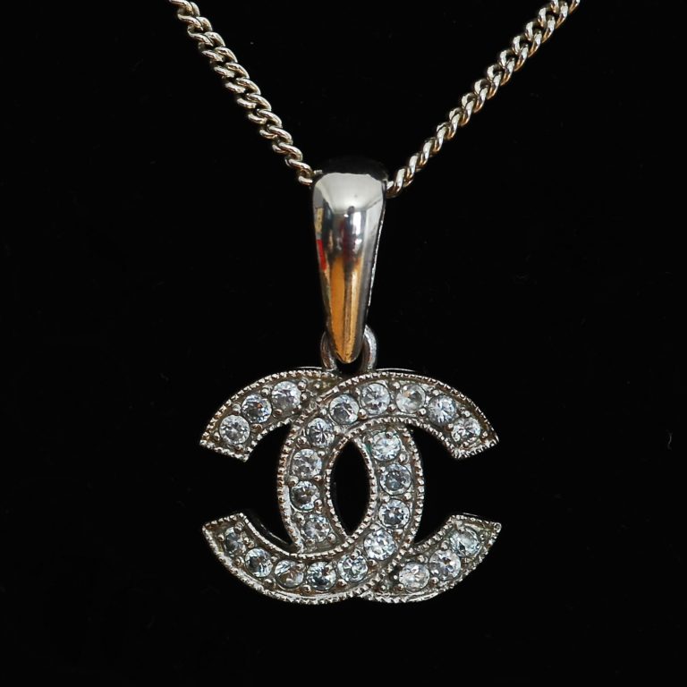 Sterling Silver Long Necklace Featuring Chanel Logo With Crystal ...
