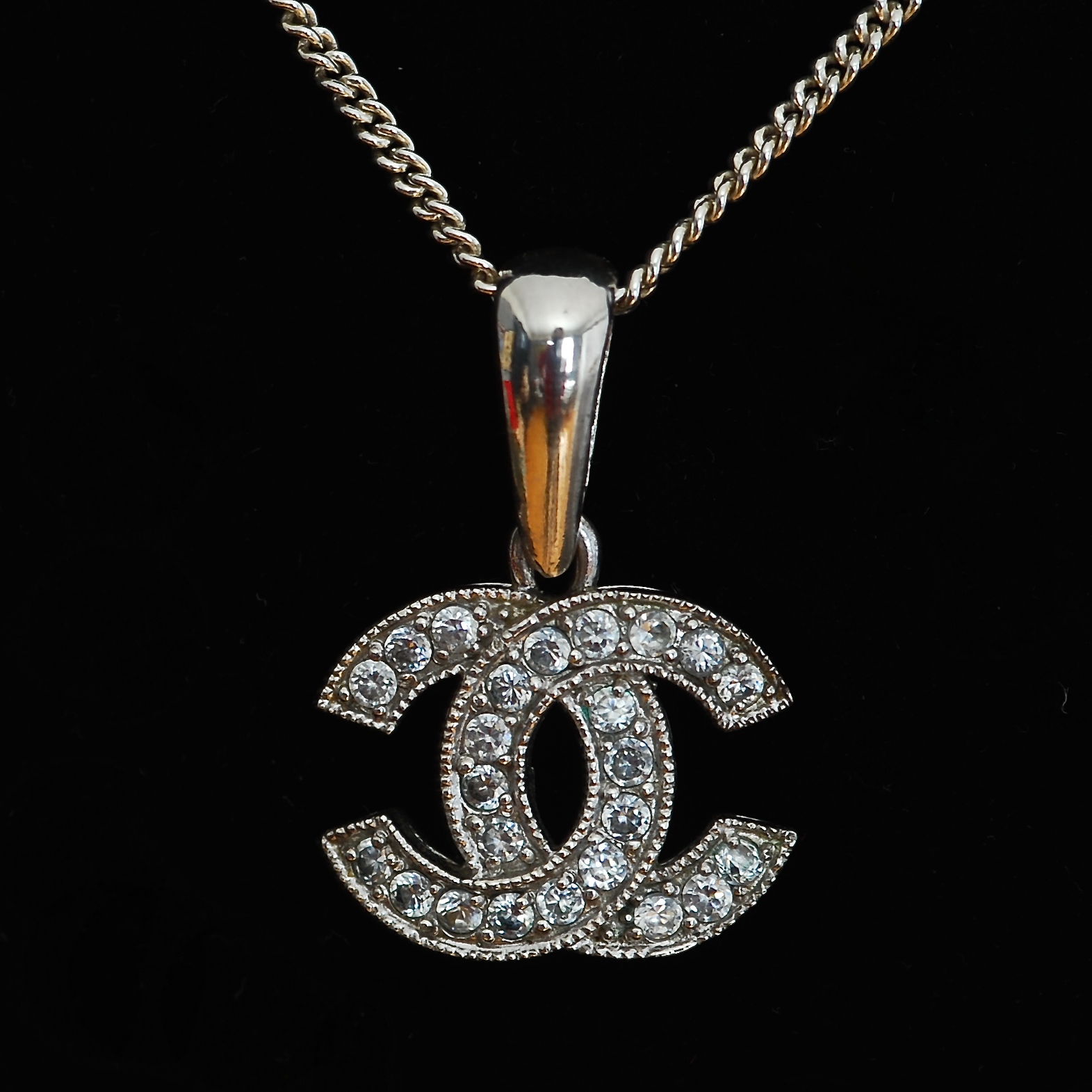 Sterling Silver Long Necklace Featuring Chanel Logo With Crystal