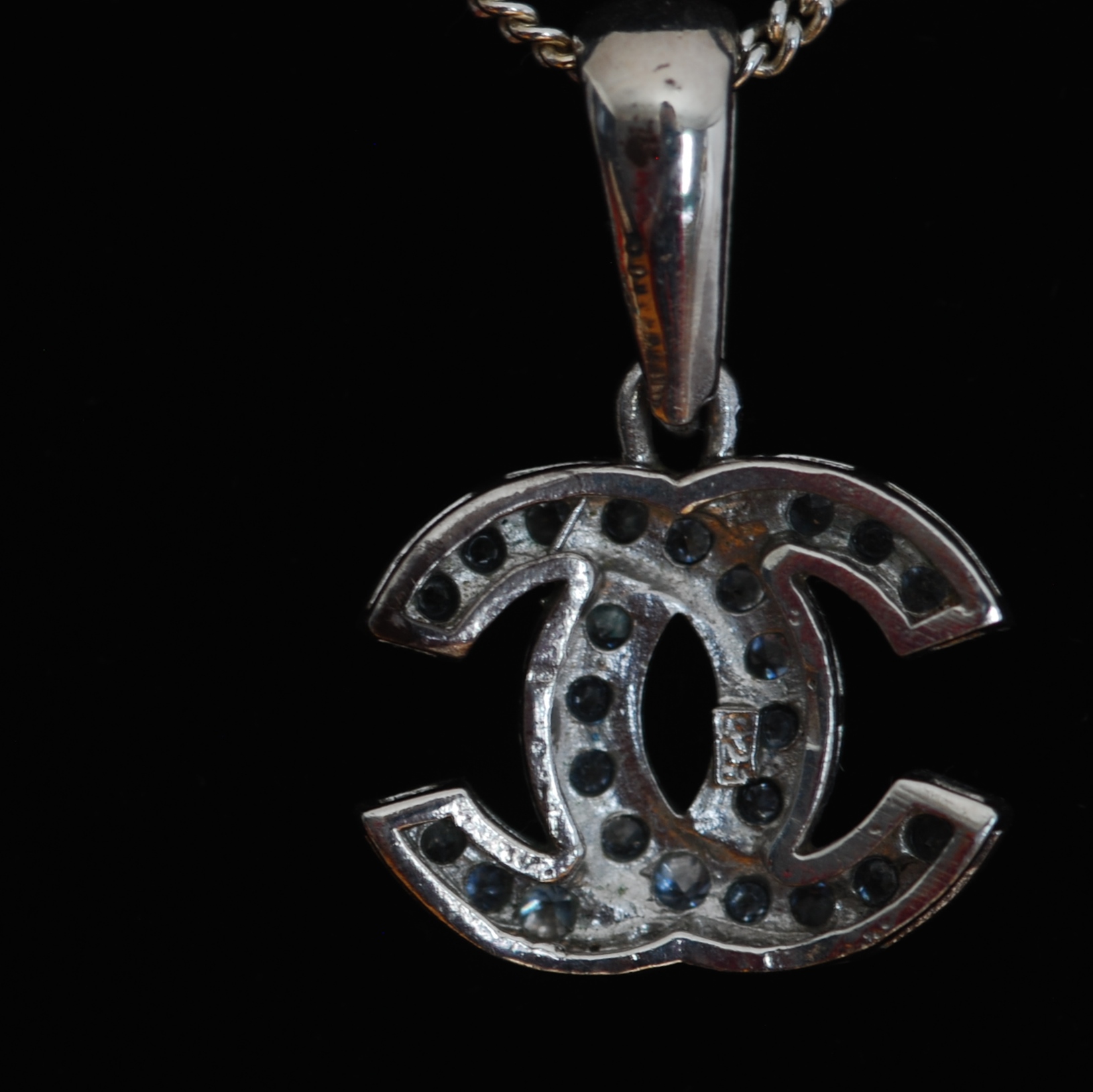 Sterling Silver Long Necklace Featuring Chanel Logo With Crystal ...