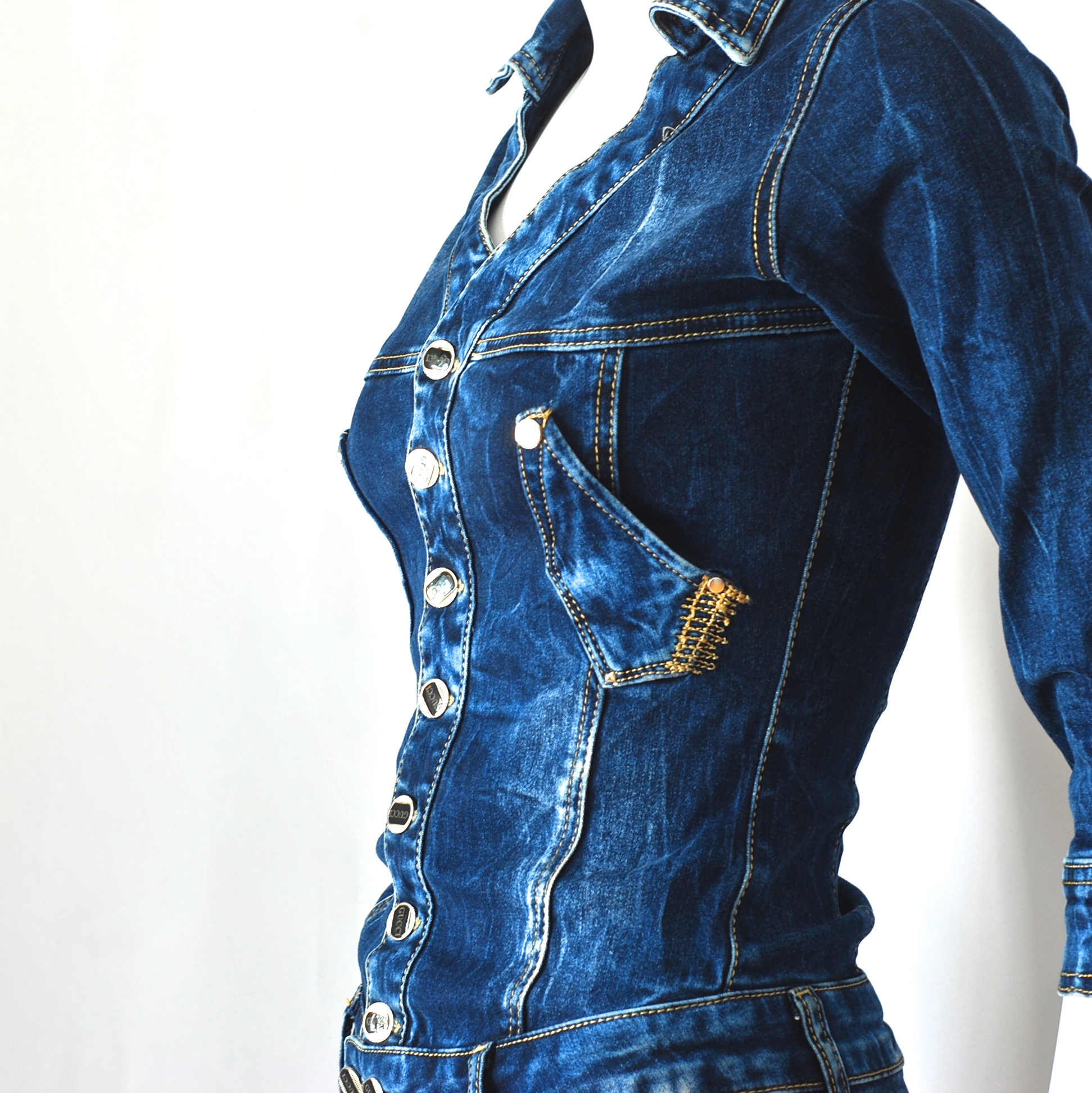 knee length dresses for ladies Gucci // Denim Short Sleeve Dress  VSP Consignment