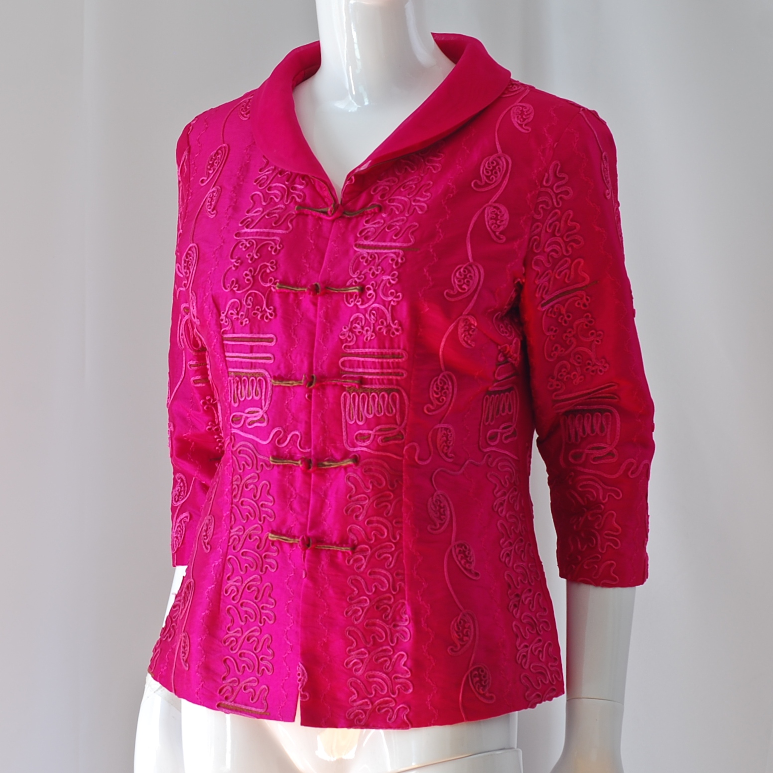 Chinese Magenta Silk Jacket Embellished With Embroidery & Cord Appliqué ...