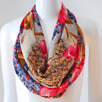 Silk Scarf In Pink, Blue & Brown Floral Theme With Hand Rolled Hem