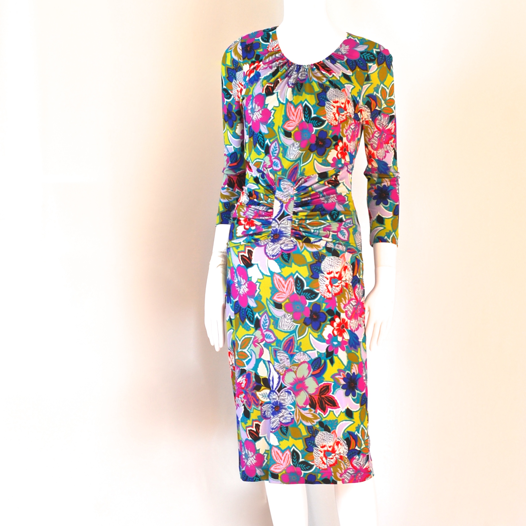 Etro Bright Floral Patterned Dress With Gathering At Waist & Long ...
