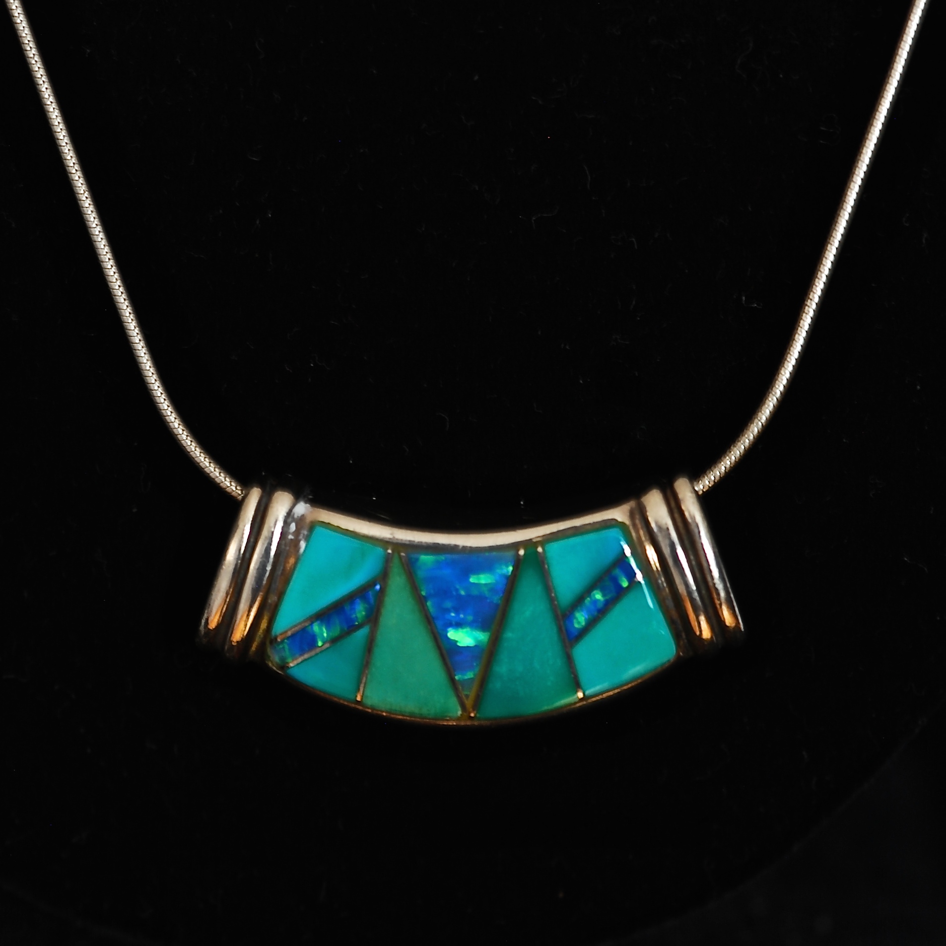 Sterling Silver Pendant Necklace Featuring Inlaid Turquoise & Opal ...